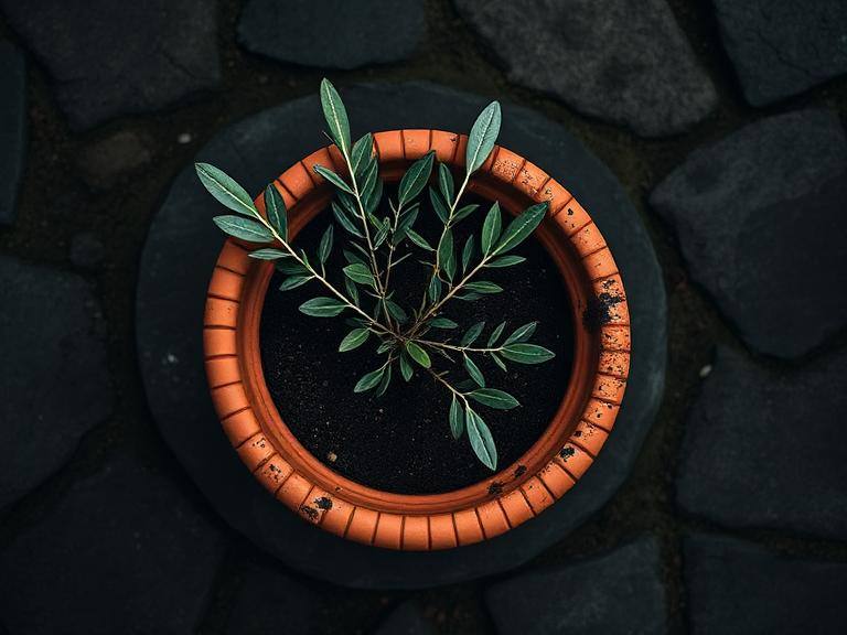 Terracotta planter on dark stone